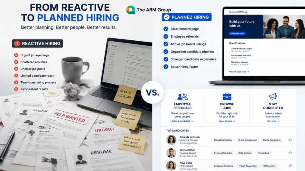 Visual comparison of unstructured hiring and organized recruitment strategy for improving candidate quality