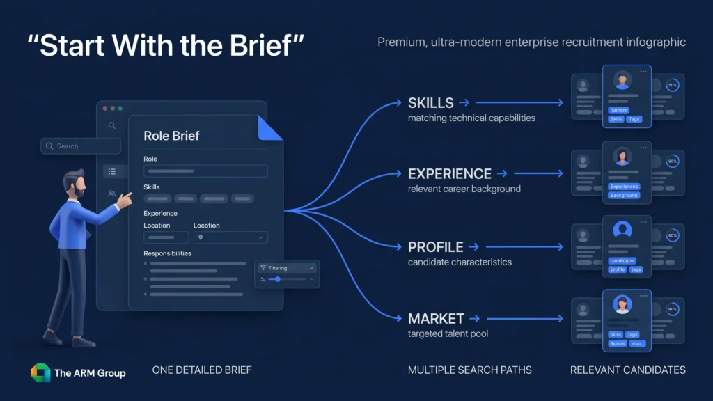A recruiter uses a role brief to plan several candidate sourcing paths