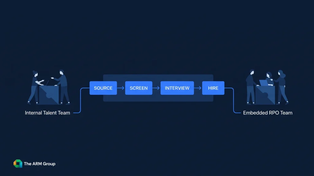 An internal talent team and an RPO provider work together through one shared recruitment process.